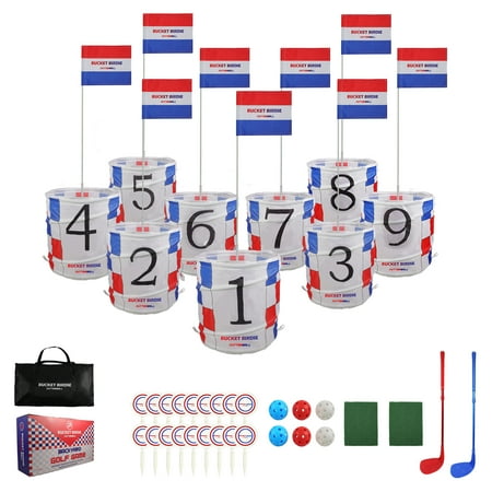 Bucket Birdie Backyard Golf Game Set, 9-Hole Pop-Up Target Buckets with Clubs, Balls, and Carrying Case