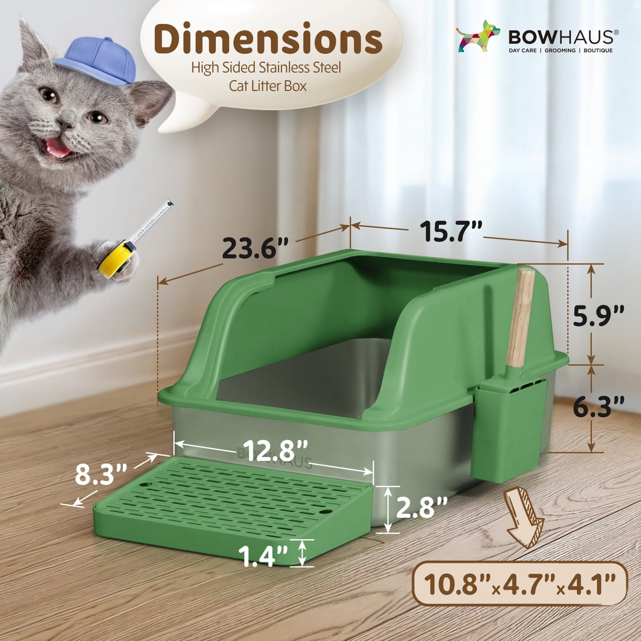 CAPHAUS XL Enclosed Stainless Steel Cat Litter Box with Lid, Extra Large High Sided Metal Cat Litter Pan w/ Scoop, Odor Control Design, Easy Clean & Anti-Leakage, High Sided Steel Litter Box, Green