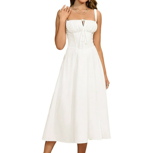 Midi Corset Dress Flowy Slit Lace Up Dresses for Women Tea Party A Line Casual Sundress White M