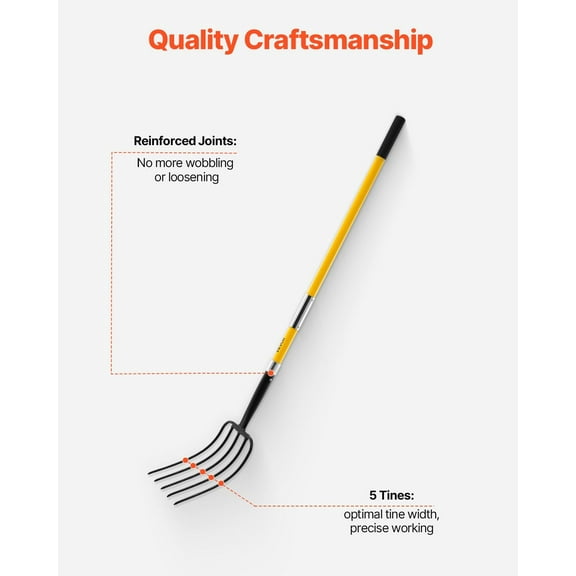 Heavy Duty 5-Tine Pitchfork with Fiberglass Shaft (57") – Ideal for Gardening, Composting, and Soil Turning