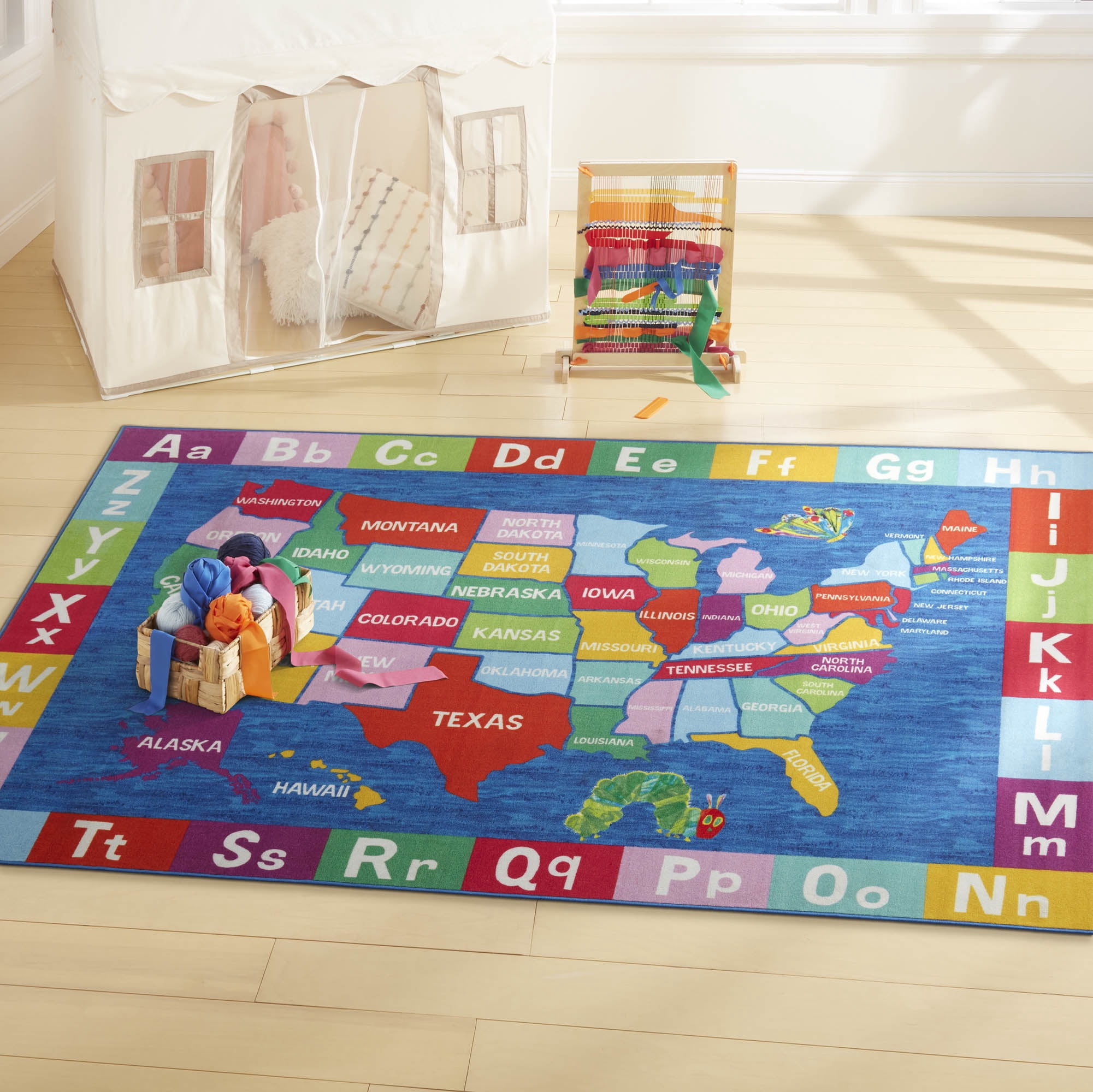 Eric Carle Elementary USA Map Kids Machine Washable Area Rug Blue/Red, 35"x51"