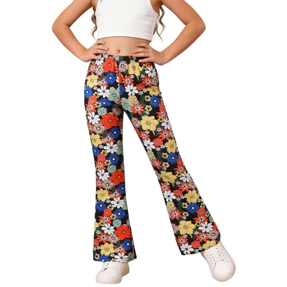 Girls' Floral Print Slightly Flared Pants Wide Leg Casual Pants Athletic Style Long Pants Bell Bottom Pants Blue 1 Y-2 Y