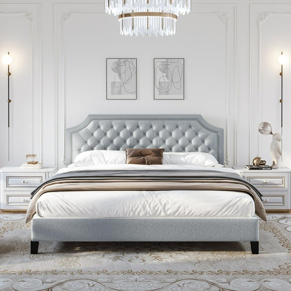 King Size Wooden Platform Bed Frame with Fabric Upholstered Headboard, Gray