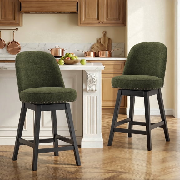 AFO 26" Upholstered Swivel Counter Height Bar Stools Set of 2, Modern Fabric Bar Chairs with Solid Wood Frame, Suitable for 35"-39" Table, For Kitchen Island Dining Room Pub Restaurant, Green