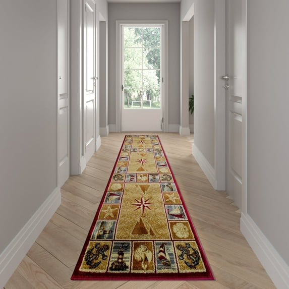 Emma + Oliver 2'x7' Ocean Themed Accent Rug with Sailboats, Lighthouses, Sand Dollars and Starfish with Compass Rose Center