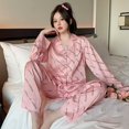 thumbnail image 4 of Conjunto de pijamas de seda fina para mujer, ropa de dormir de manga larga, pantalones sueltos para el hogar, conjunto de 2 piezas con botones, Otoño, 2023, 4 of 4