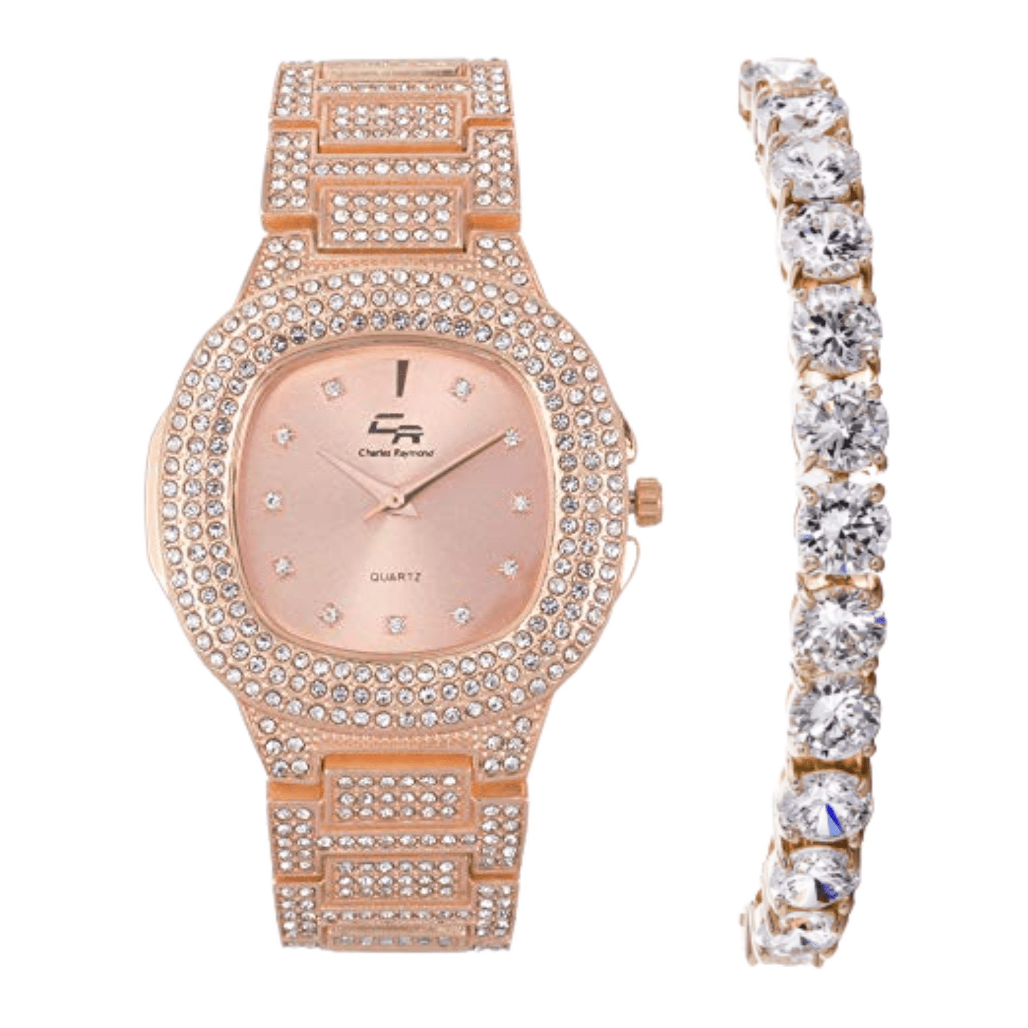 CHARLES RAYMOND Bling Bling Hip Hop Iced Out Watches Nauti Designer Look Full Shiny Diamond Watch Case, Dial and Bracelet ST10364DX Rose Gold -T