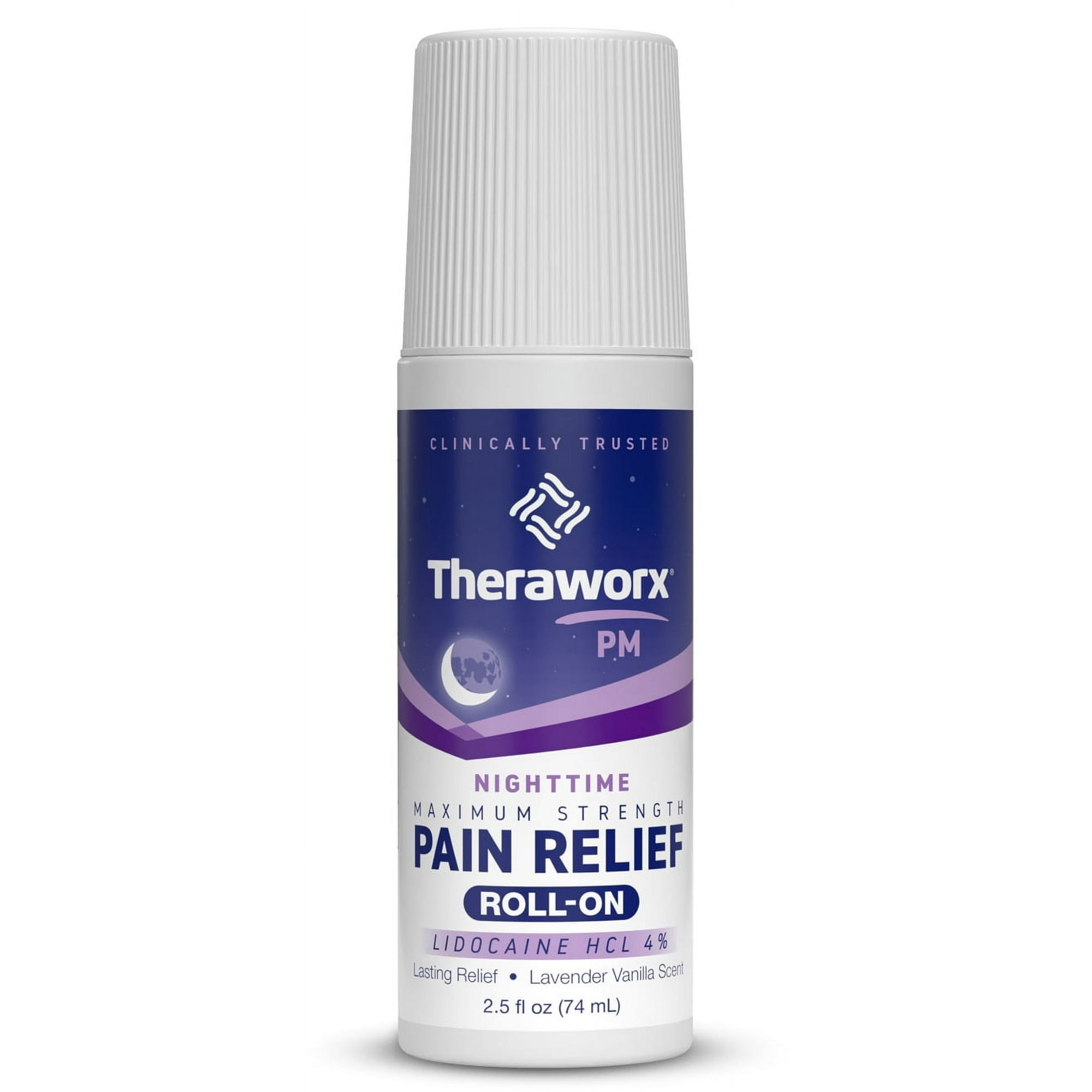 Theraworx® Nighttime Maximum Strength Pain Relief Roll-on with 4% Lidocaine, Fast-Acting Numbing Relief, Lavender Vanilla Scent, Paraben-Free 2.5 fl oz