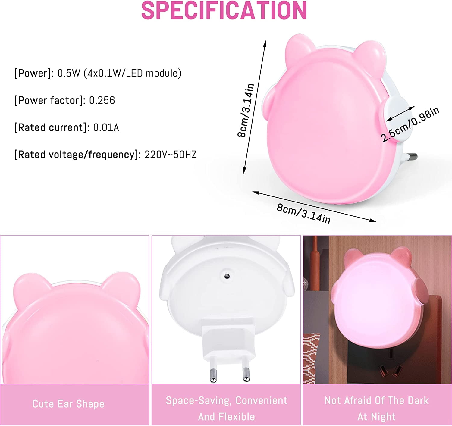 2Pcs Children's Night Light, Baby Room Night Lamp, Automatic Orientation Light, Children's Bear Night Lamp for Children's Room, Bedroom, Kitchen, Bathroom (Pink)
