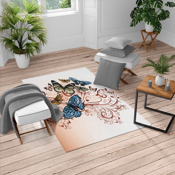 Butterfly Turkish Area Rug, Monarch Butterflies Vintage Damask Inspired Design, Soft Carpet for Living Room Decor with Distressed Look, 4' X 5.7', Pale Rust, by Ambesonne