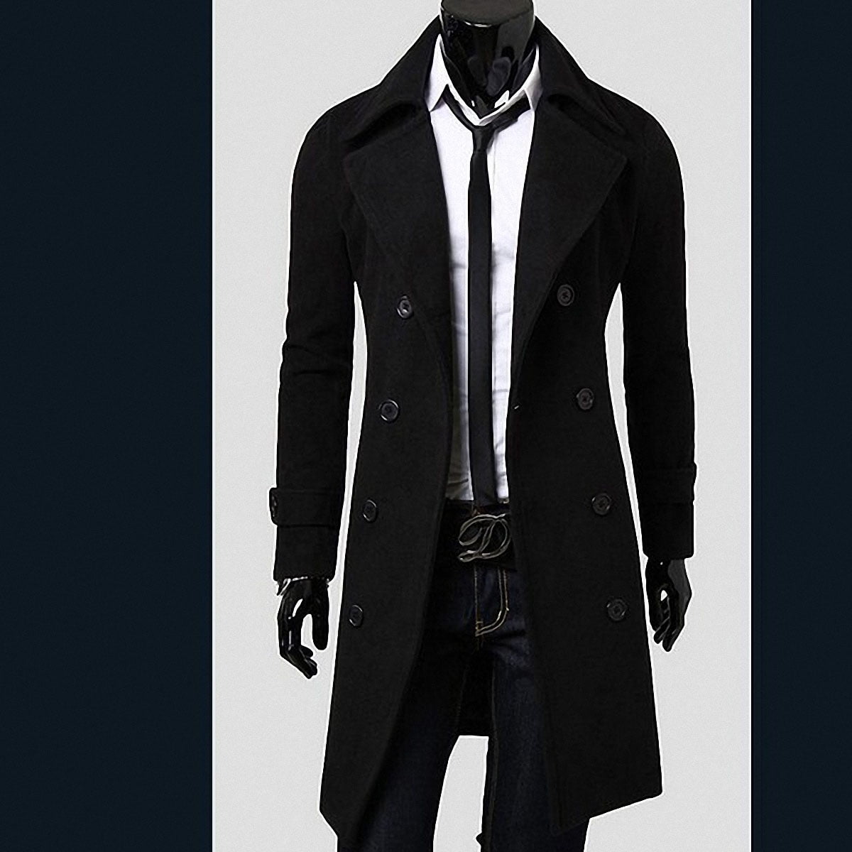 Black Fashion Men's Woolen Double-Breasted Coat Overcoat Size-M For 170 ...