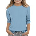 thumbnail image 2 of Fashion YLSDY 3/4 Length Sleeve Big Girls Tops Knit Crewneck Loose Fit Cute Shirts Pit Striped Casual Workout Three Quarter Blouses Light Blue 150, 2 of 4