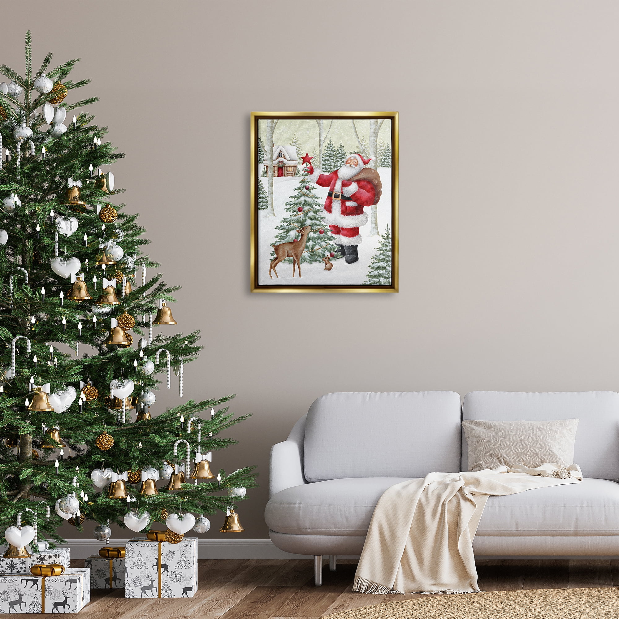 Stupell Industries Santa & Snowy Cabin Holiday Painting Gold Floater Framed Canvas Art Print Wall Art, 25 x 31
