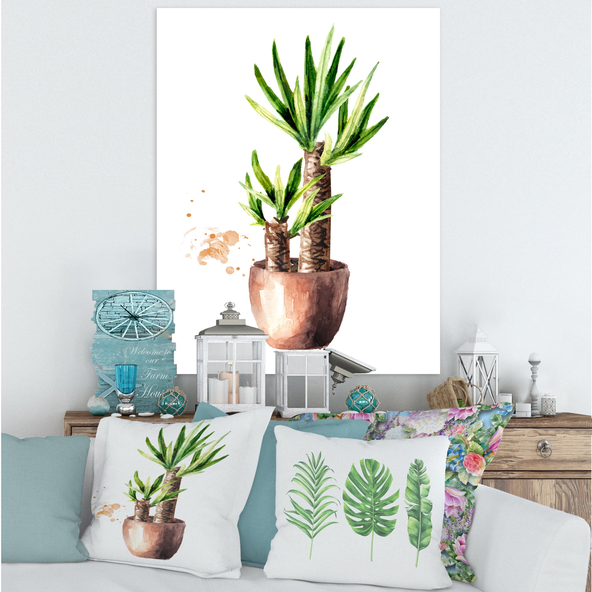 Designart ' Yucca Tree In The Ceramic Flower Pot On White ' Traditional Canvas Wall Art Print