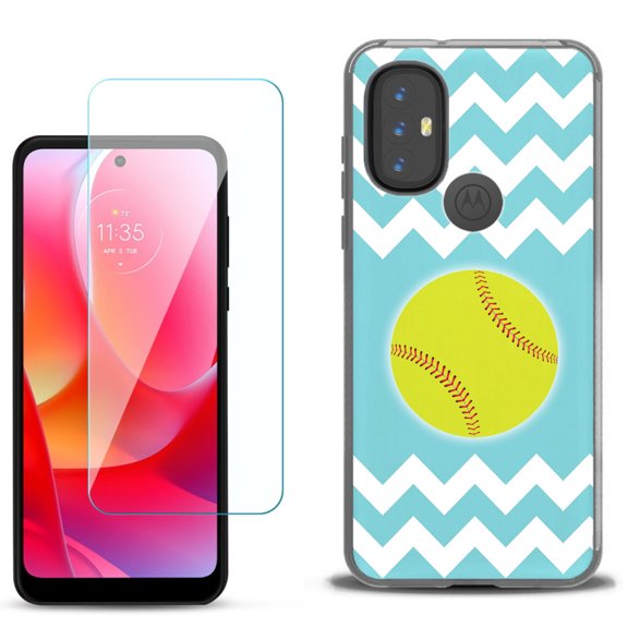 Slim-Fit Gel TPU Phone Case for Motorola Moto G Power 2022, with Tempered Glass Screen Protector, by OneToughShield ® - Chevron/Softball