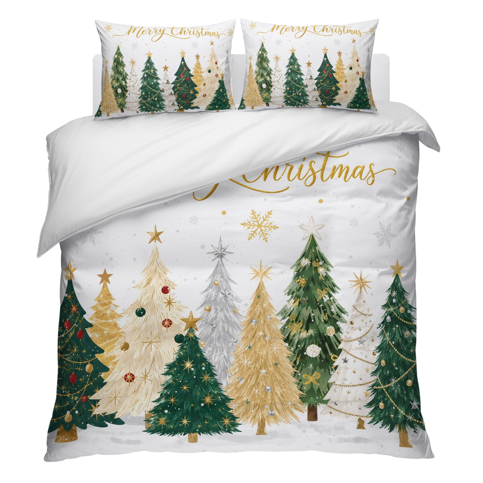 Merry Christmas King Duvet Cover Set Rustic Green Gold Christmas Palm Tree Snowflake Decorative 3 Piece Bedding Set with Zipper Closure Soft Breathable Microfiber Comforter Cover 2 Pillowcases