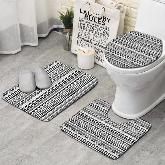 Black Geometric Triangle Striped Pattern Bathroom Rugs Sets 3 Piece,Toilet Cover Set,Absorbent Non Slip Bathroom Mats Sets with U-Shaped Contour Rug Toilet Rug Set