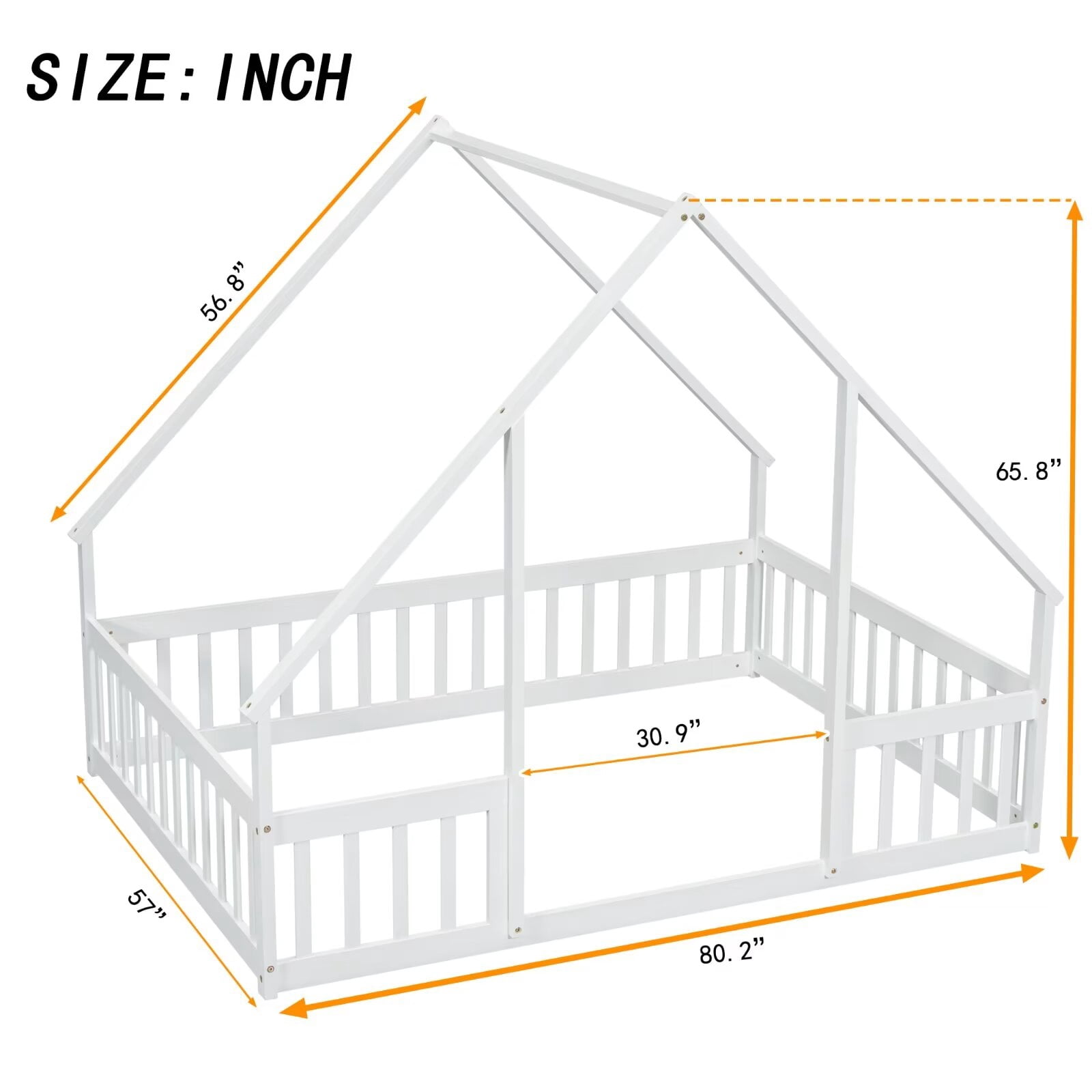 Full Size Floor Bed for Kids Toddlers, Wooden Montessori Bed Frame with Roof and Fence Guardrails, Playhouse Bed Tent Bed for Boys Girls Bedroom, Easy Assembly, White