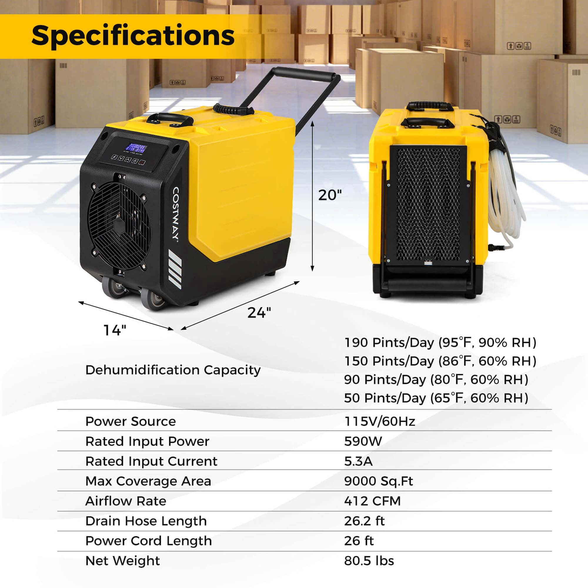 Costway 50-Pint(DOE) Commercial Dehumidifier Rotational Molded Industrial Dehumidifier with Pump Yellow 9,000 Sq.ft Coverage Area (MAX 190Pint at 95°F, 90%RH)