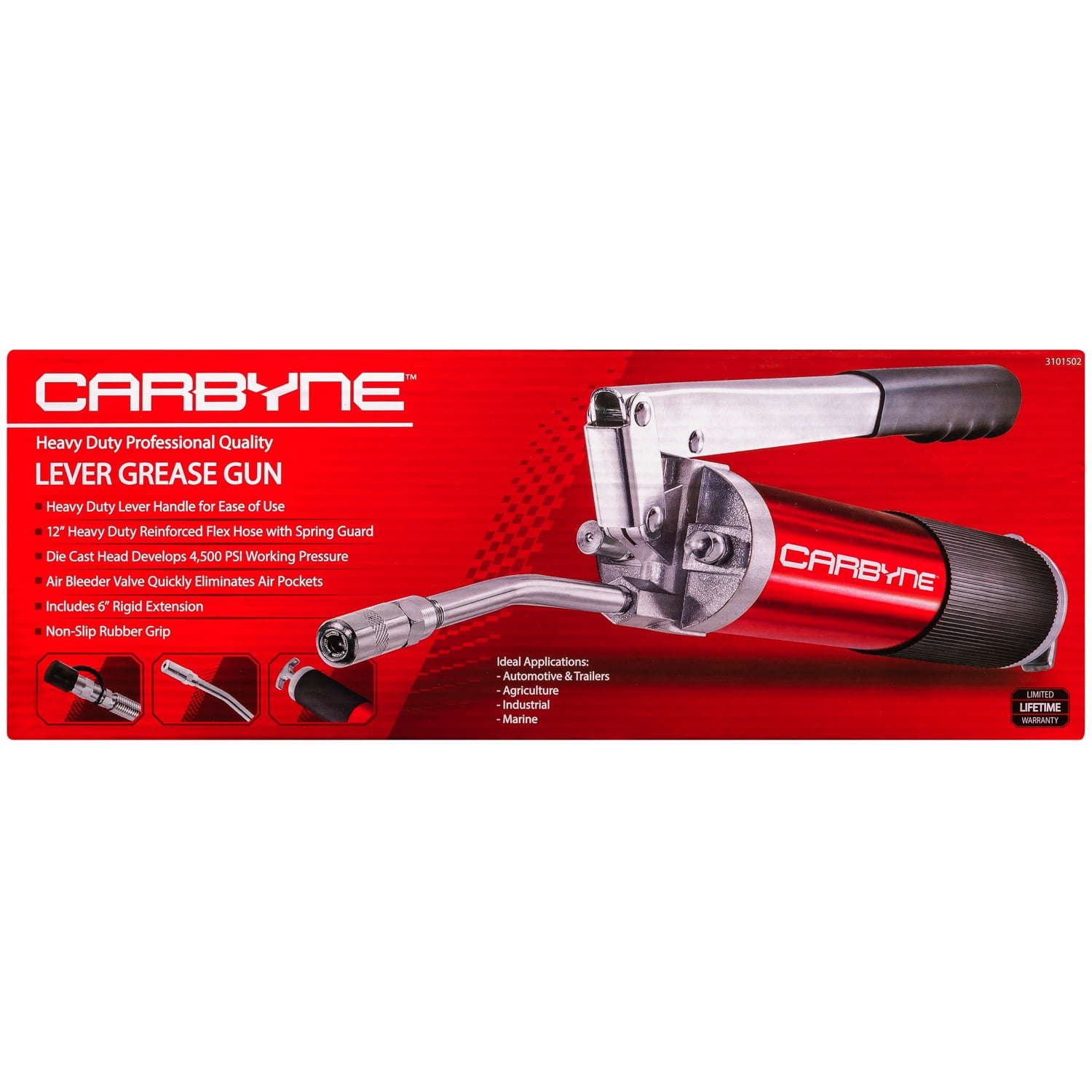 Carbyne Grease Gun, Lever Handle, Anodized Aluminum Barrel, 3-Way Loading, 12 in. Flex Hose, 6 in. Rigid Extension, Coupler, for Zerk Fittings