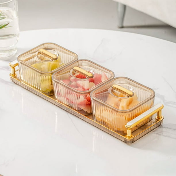 Bandeja de plástico transparente para refrigerios con 3 recipientes con tapa | Bandeja para servir frutas, dulces y frutos secos para fiestas, cocina y despensa | Caja de almacenamiento apta para
