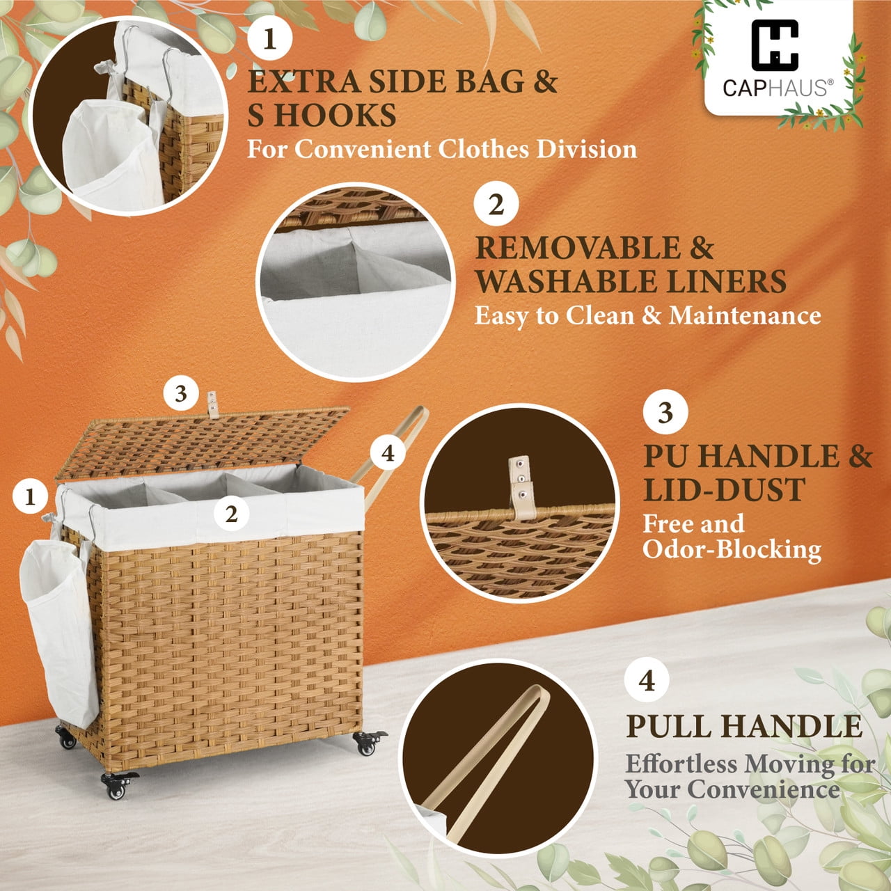 CAPHAUS Handwoven Basket w/ Lid for Storage, Synthetic Rattan Laundry Hamper w/ Wheels, Clothes Hamper for Laundry, Laundry Basket w/ Lid, Removable Liner Bags, Mesh Bags, Pulling Strap, 140L, Brown