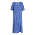 thumbnail image 4 of ClodeEU Women's Linen Blend V Neck Short Sleeve Midi Dress,Lightweight Casual Loose Fit Summer Dress Blue,Women's Plus L, 4 of 8