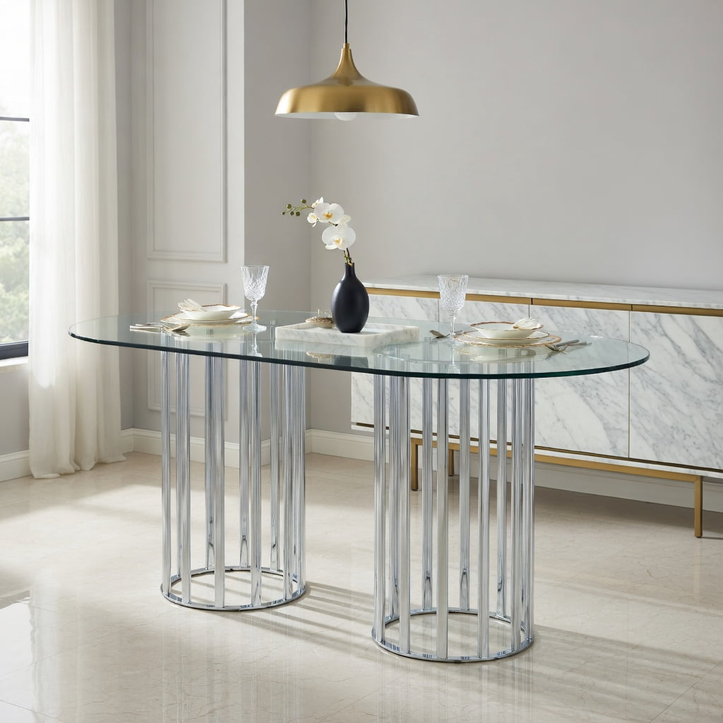 Hommoo 71 Inch Oval Tempered Glass Dining Table with Silver Double Column Base, Light Luxury Modern Design for 6-8 People, Scratch-Resistant & Easy-Clean Glass Top, Silver