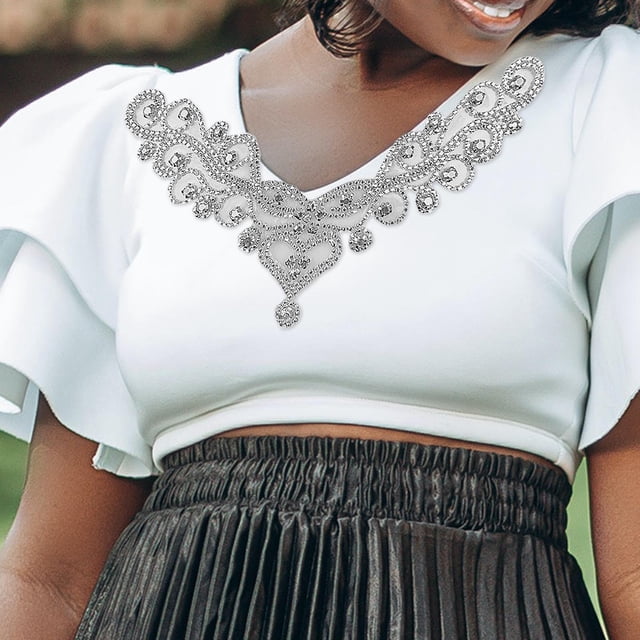 Cuello de escote Apliques Parche de diamantes de imitación Traje hecho a mano para camisa Artesanía floral cosido Adorno DIY Coser en A BLESIY Parche de cuello de diamantes de imitación