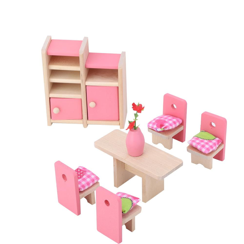 Wooden Dolls House Furniture Set PINK Living Room