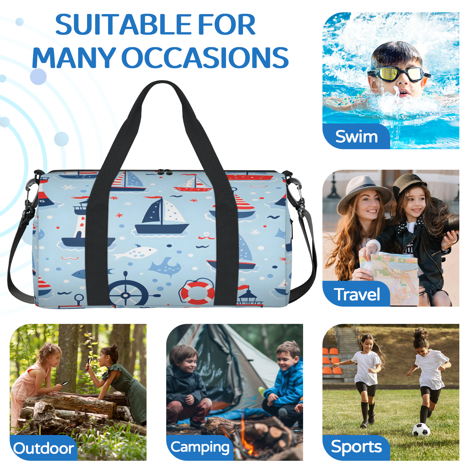 Herdesigns Nautical Sailboat Gym Bag for Women, Duffle Bag for Travel Sport, Ocean Fish Lightweight Waterproof Carry on Weekender Dance Yoga Workout Bags