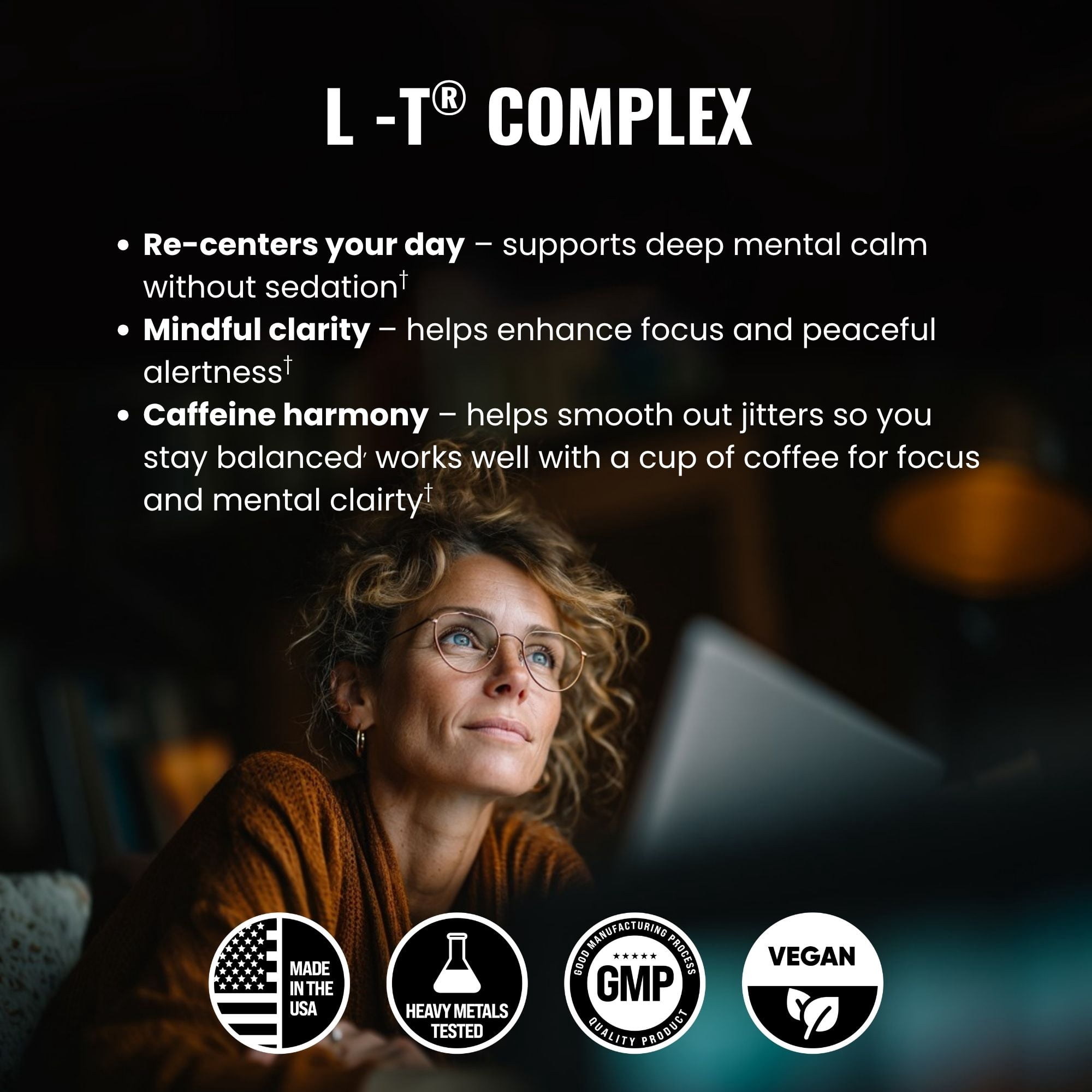 L-T® Complex L-Theanine 100 mg Stress Support Supplement with L-Glutamine and  Glycine, 60 Capsules