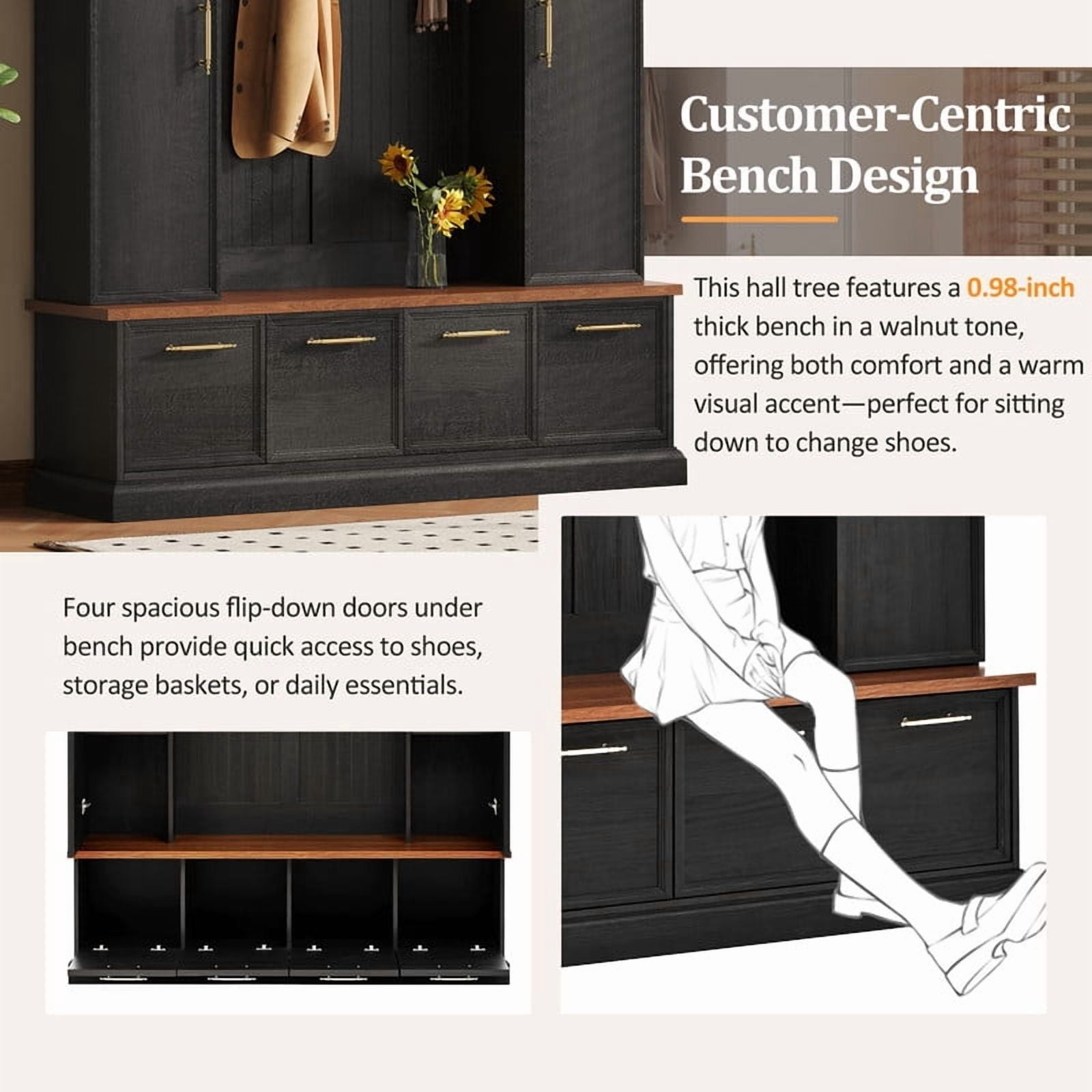 Farmhouse 4-in-1 Hall Tree with Golden Hooks & Handles, Entryway Shoe Bench with Adjustable Shelves, Farmhouse Coat & Shoe Rack for Mudroom