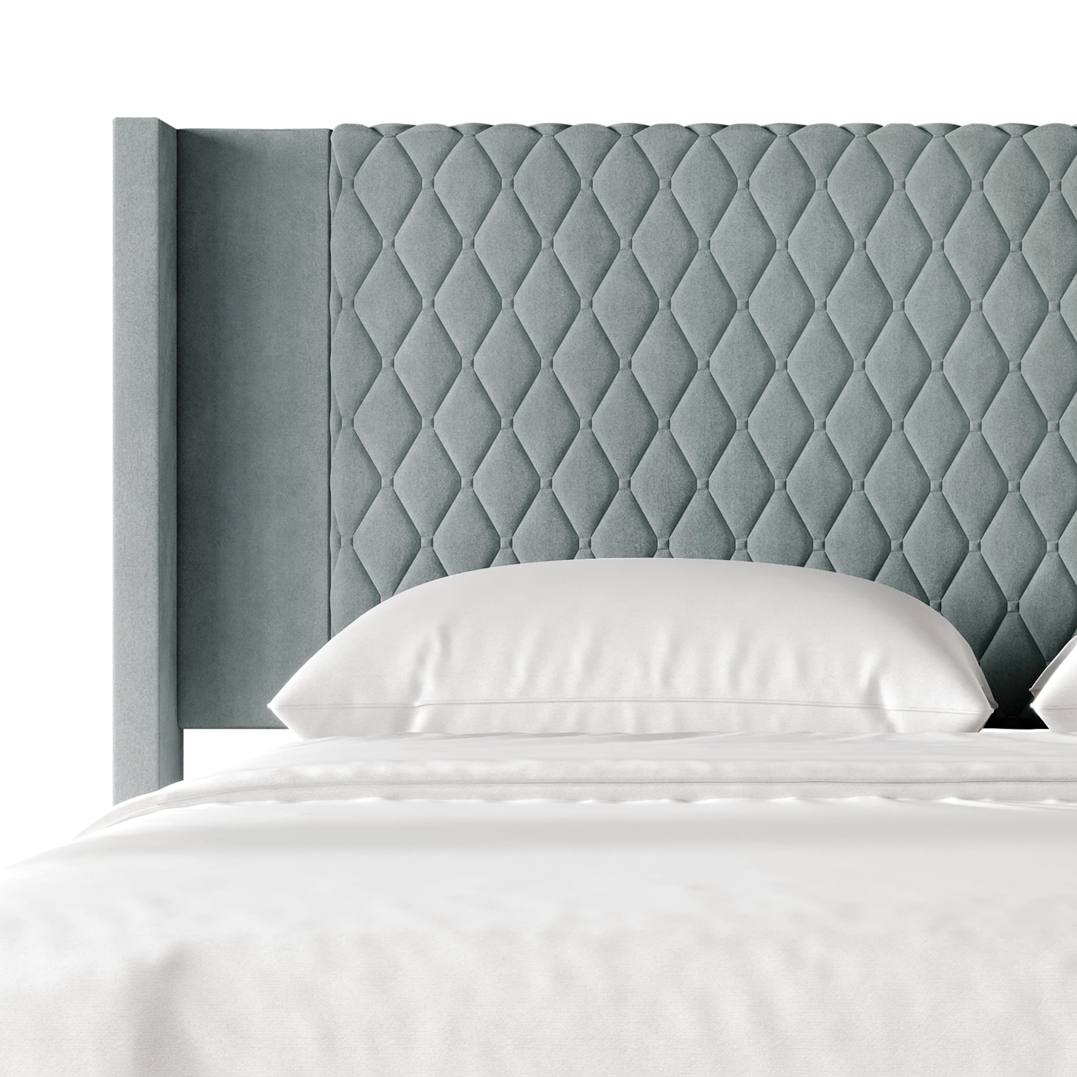 Castle Place Transitional Diamond-Stitched Velvet Wingback King Platform Bed, Light Blue