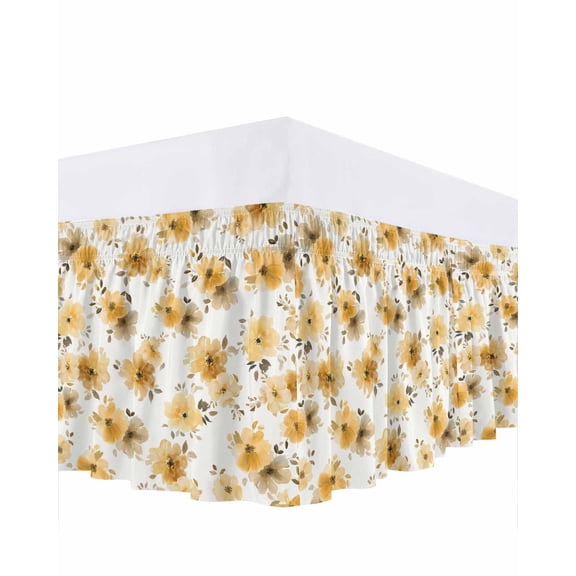 Spring Flowers Bed Skirt Queen Size 16 Inch Drop, Watercolor Country Yellow Floral Leaf Plant Adjustable Elastic Dust Ruffles Bedskirt for Queen Bed Wrap Around Pleated Mattress Frame Cover