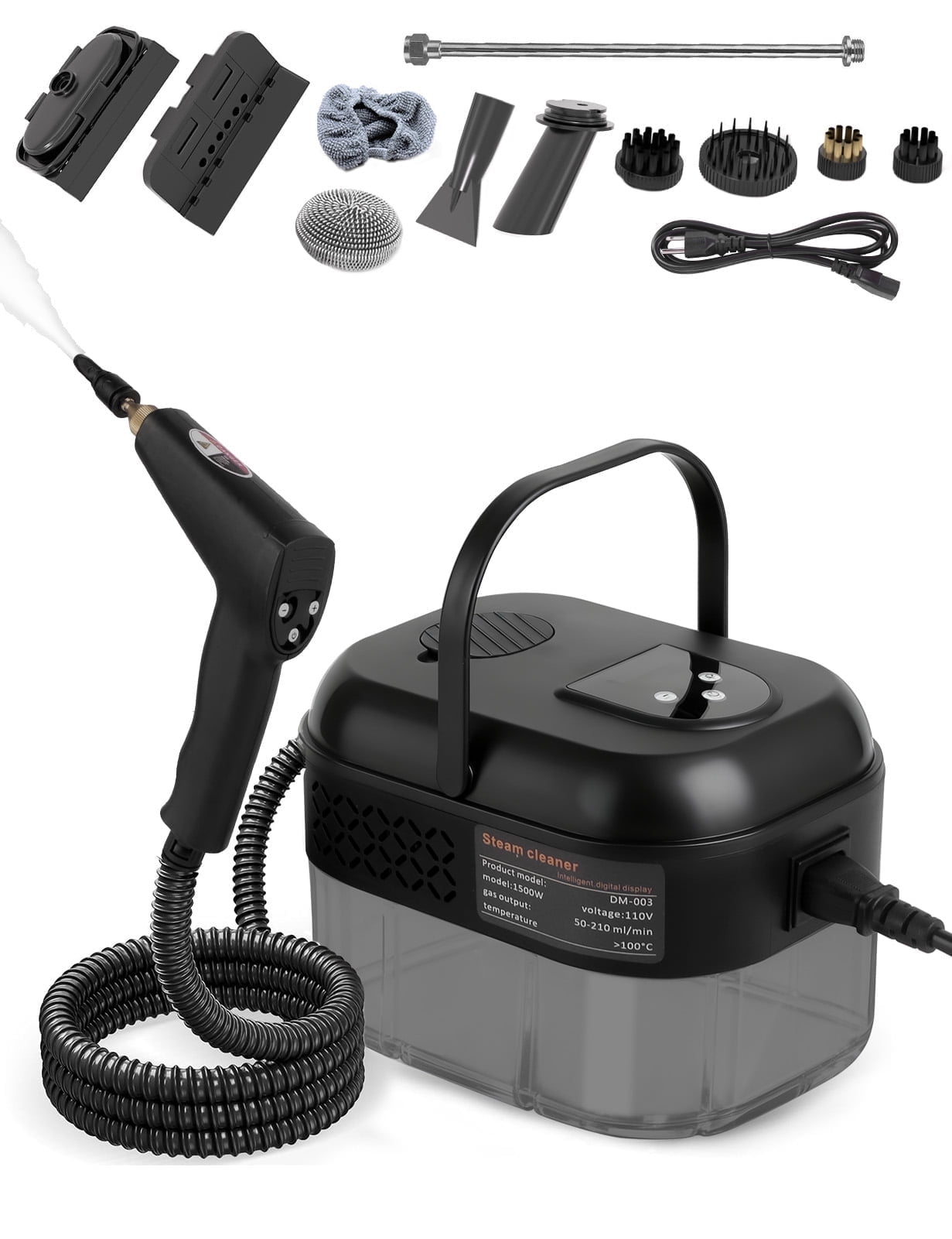 Yucurem 1500W Portable Handheld Steam Cleaner, 6-Level Adjustable 1.4L Tank with 10 Accessories for Home Furniture Car Carpet Tile