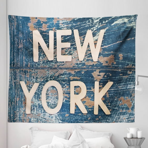 Rustic Blue Tapestry, New York Text with Wooden Letters on Weathered Look Scratchy Backdrop, Fabric Wall Hanging Decor for Bedroom Living Room Dorm, 5 Sizes, Beige and Warm Taupe, by Ambesonne