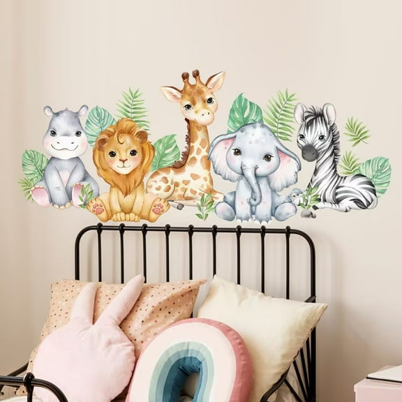 41.3 x 15.7 Inch Watercolor Jungle Animal Wall Decals - Forest Safari Elephant Lion Monkey Stickers for Baby Nursery, Playroom, Bedroom, Classroom, Kindergarten Decor ，Transparent PVC sticker