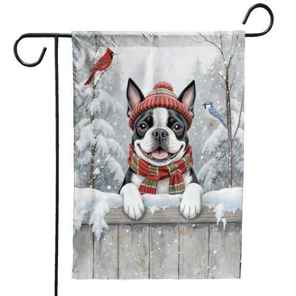 Playful Boston Terrier Welcomes Winter Snowy Day with Cardinal Bird Garden Flag 12x18in Double Sided Gentleman Dog Lover Gifts Outdoor Decor - 2017
