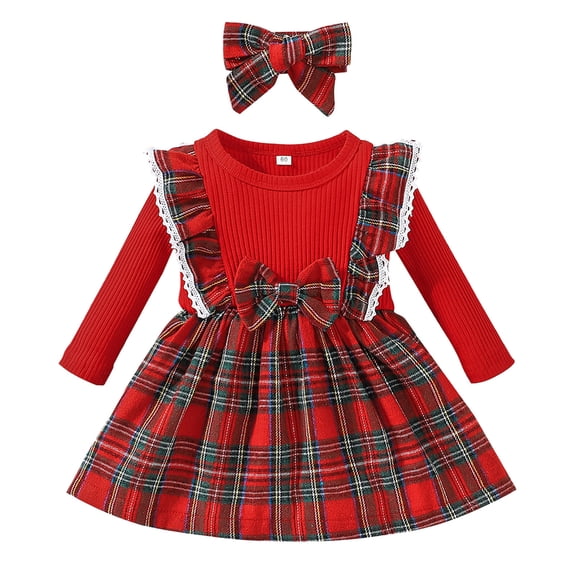 Fgnfyis Toddler Girl Dresses Christmas Plaid Print Bow Ribbed Long Sleeve Holiday Party Outfit Headband Set Girl Dresses 12-18 Months