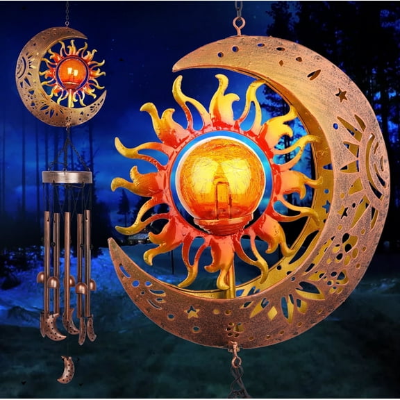 Outdoor Solar Wind Chimes, Retro Moon Sun Wind Chime Lights, Waterproof Outdoor Deep Tone Chimes, Automatic Wind Mobile Bell Light for Garden Patio Decor, Birthday Gifts for Mom & Grandma