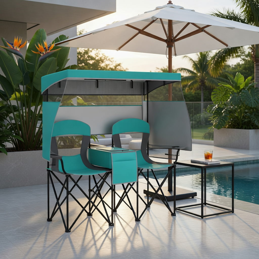 Hommoo Double Beach Chair with Adjustable UPF50+ Canopy, 3-Side Roll-Up Shade Curtains, Built-in Cooler Bag & Mesh Ventilation, Turquoise