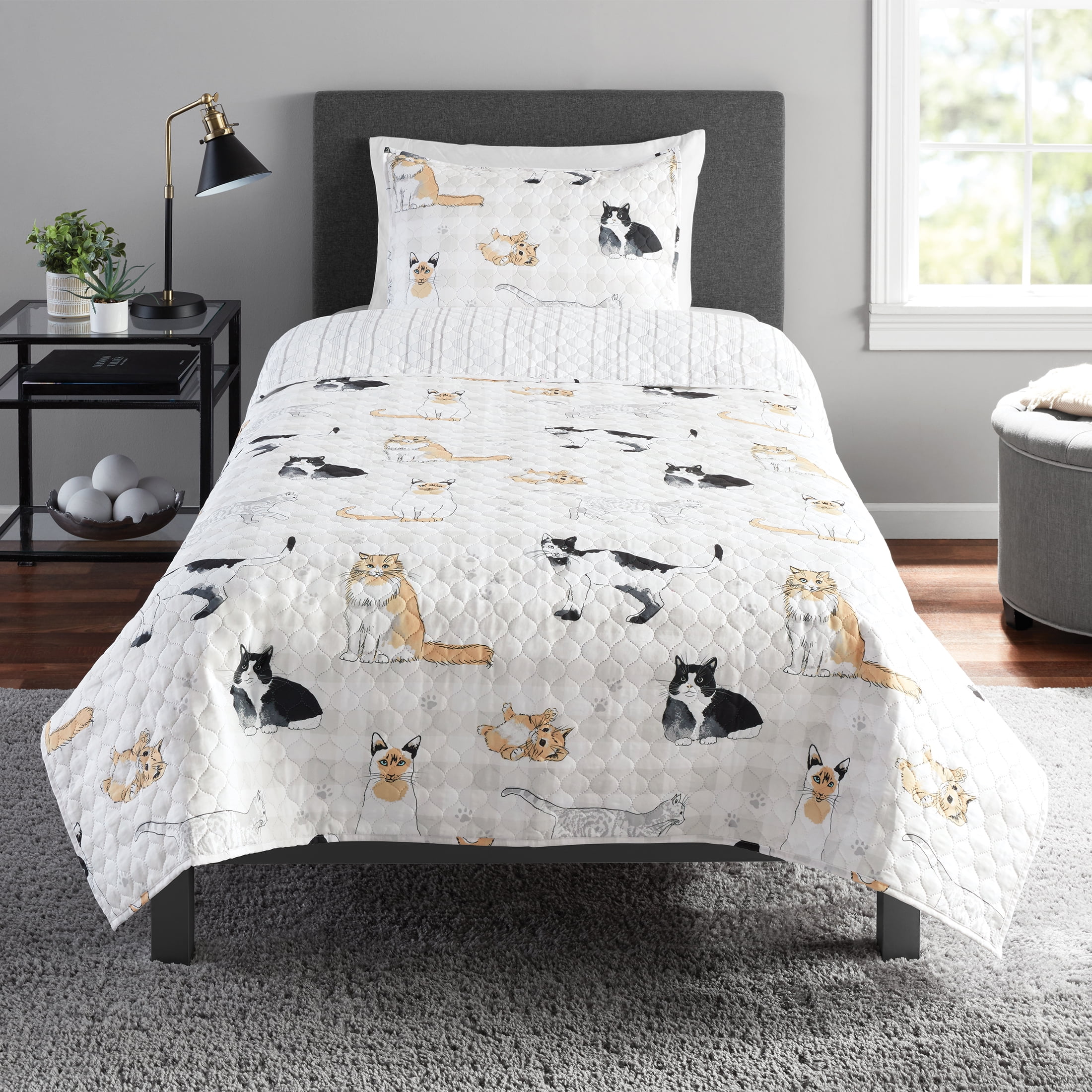White Cats Stripe Reversible Quilt Set with Tote, Mainstays, Twin, 3