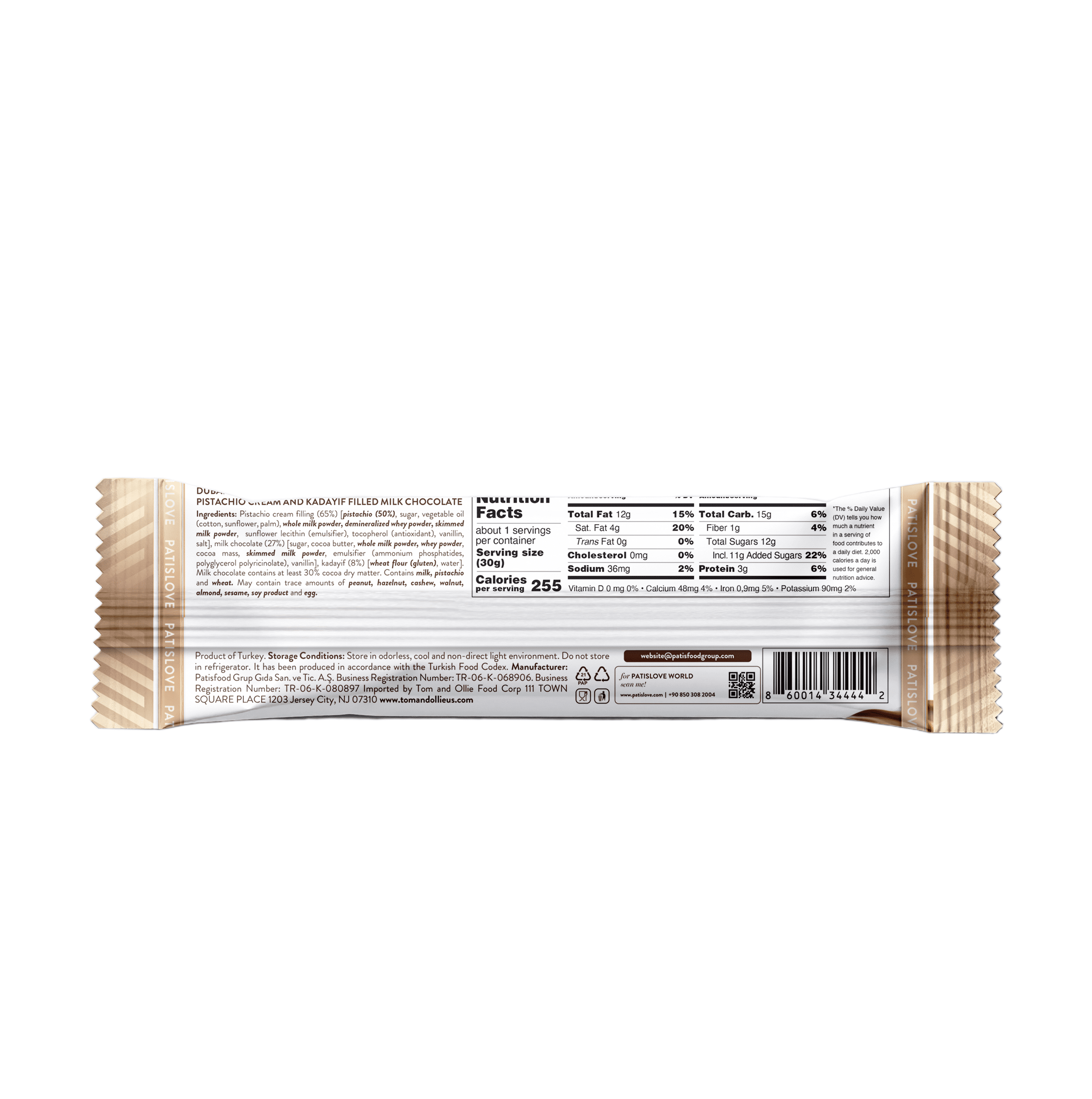 Patislove Dubai Style Milk Chocolate Bar with Pistachio Cream and Crispy Kadayif, 1.06 oz