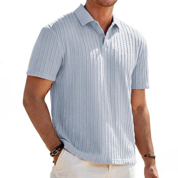 Dwelliawo Men's Casual Polo Shirt Short Sleeve Vacation Button Summer Beach Knit Stretchy Golf Shirts Light Blue S