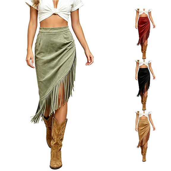 Jane Wardrobe Western Fringe Wrap Midi Skirt Women High Waist Suede Irregular Asymmetrical Country Bottom 1PC S-M-L-XL-XXL Plus Size Friendly