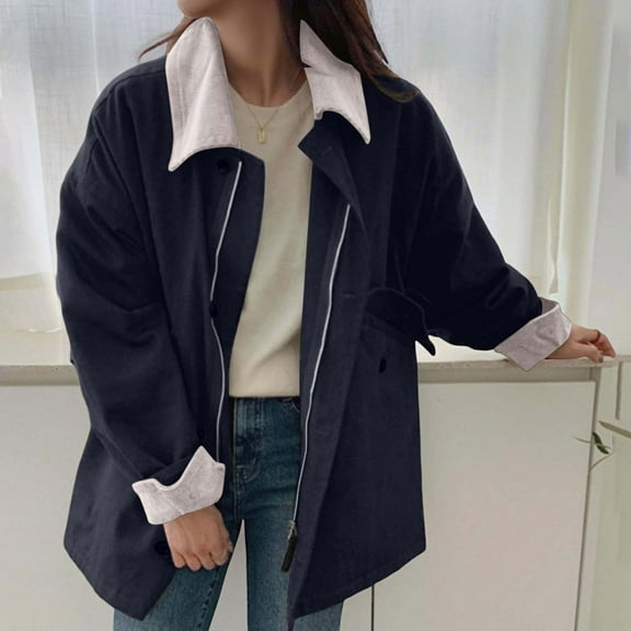 Womens Oversized Barn Jacket Warm Fall Winter Canvas Lapel Collar Coat Unique Vintage Style Corduroy Collar 2025 Trendy Outwear with Large Pockets, Dirtproof Loose Fit Outfit (Navy M)
