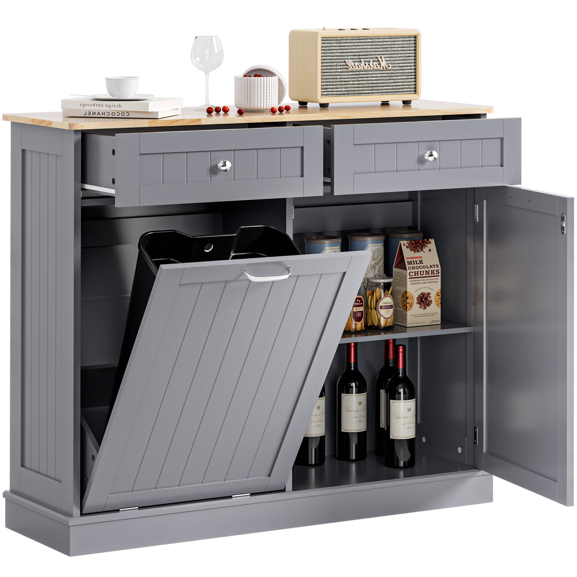 HARIPUL Single Tilt Out Trash Cabinet 13 Gallon Waste Bins Hidden Trash Bin w/ Hiddles for Kitchen, Gray