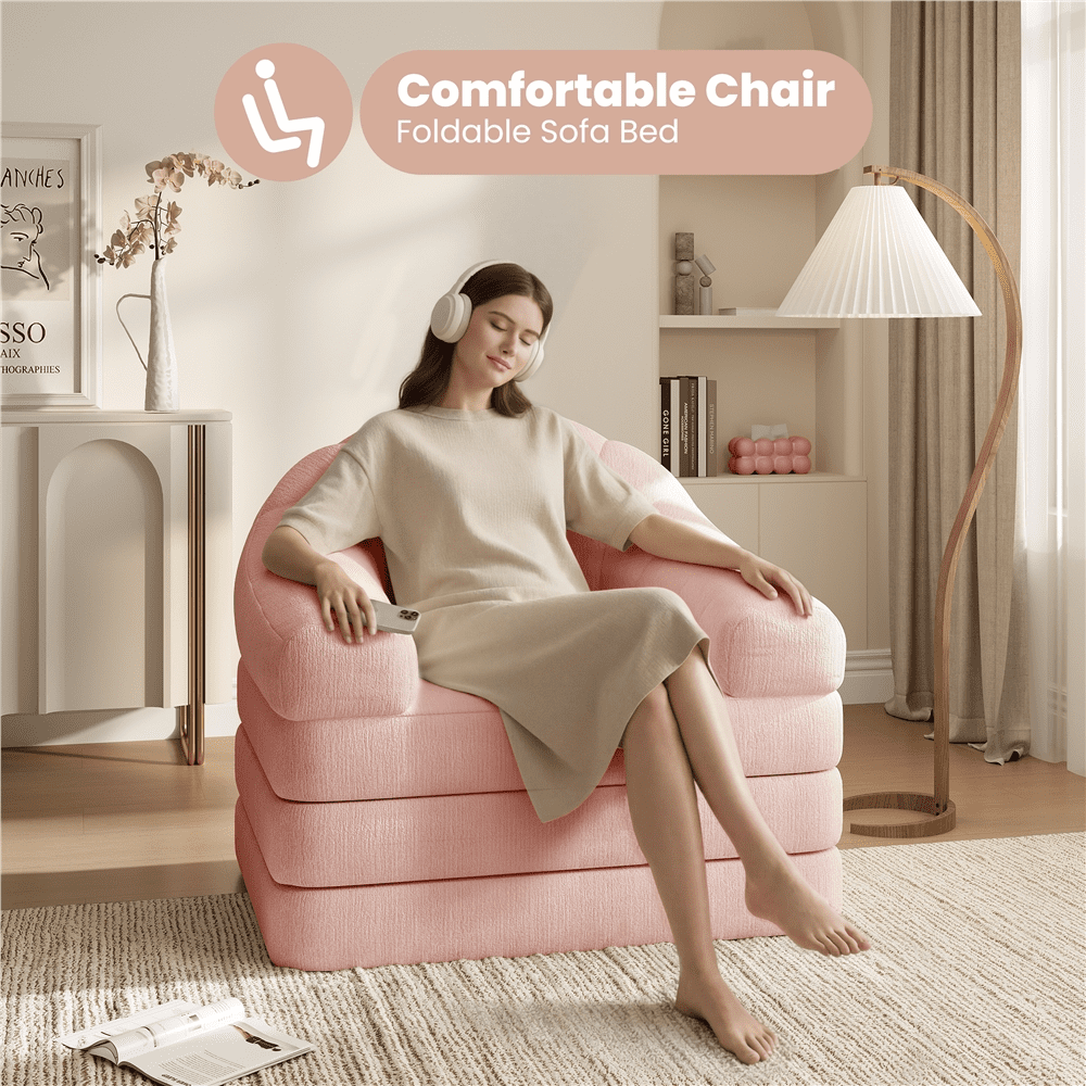 Renwick 2-in-1 Convertible Sofa  Bed Folding Sleep Chair Bed Chenille Sofa with Armrests  for Living Room and Bedroom,Pink