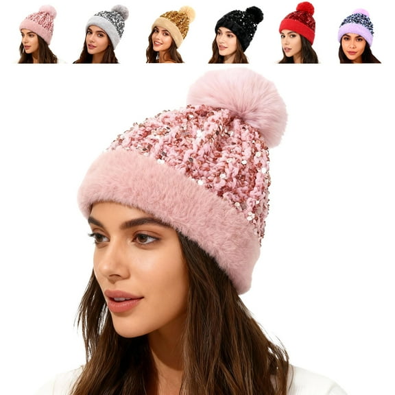 Women Sequin Knitted Beanie Hat, Winter Knitted Cable Skull Cap with Shiny Bling & Removable Faux Fur Pom-Pom, Pink